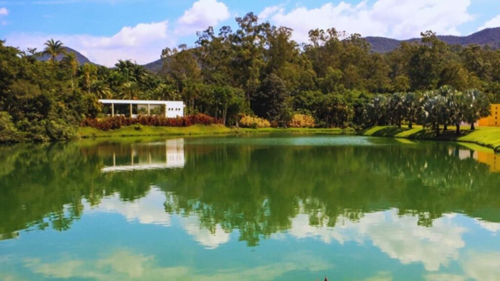 Lago e jardins do Instituto Inhotim em Brumadinho Minas Gerais com paisagem de arte e natureza
