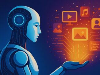 Ilustração de um robô humanoide observando ícones digitais de mídia, representando a criação de conteúdos por IA generativa.
