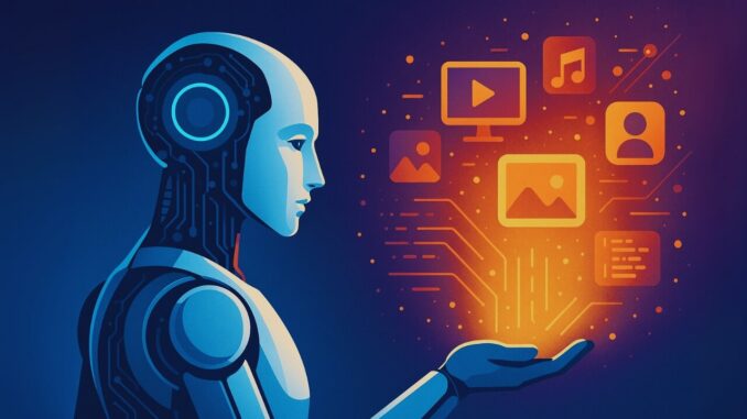 Ilustração de um robô humanoide observando ícones digitais de mídia, representando a criação de conteúdos por IA generativa.