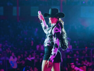 Ana Castela se apresenta em show de agronejo, usando chapéu e camisa com estampa rural, diante de um público iluminado por luzes de palco.