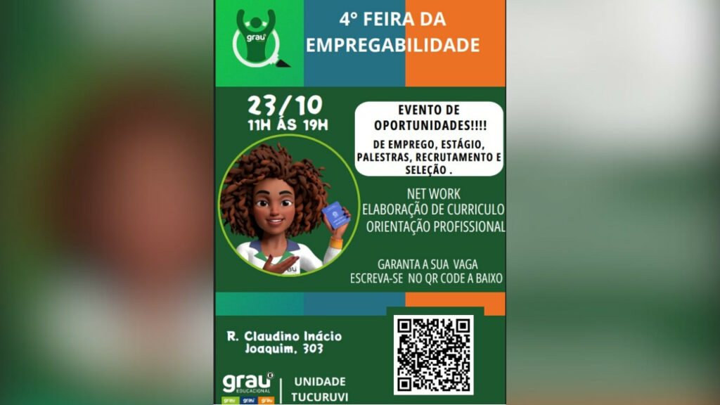 Cartaz oficial da 4ª Feira da Empregabilidade do Grau Técnico Tucuruvi, em São Paulo, evento gratuito com mais de 300 vagas de emprego e estágio.
