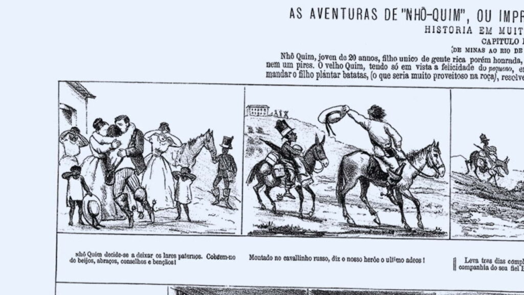 Página original de As Aventuras de Nhô Quim, publicada em 1869 por Angelo Agostini, considerada o marco inicial da história em quadrinhos no Brasil.