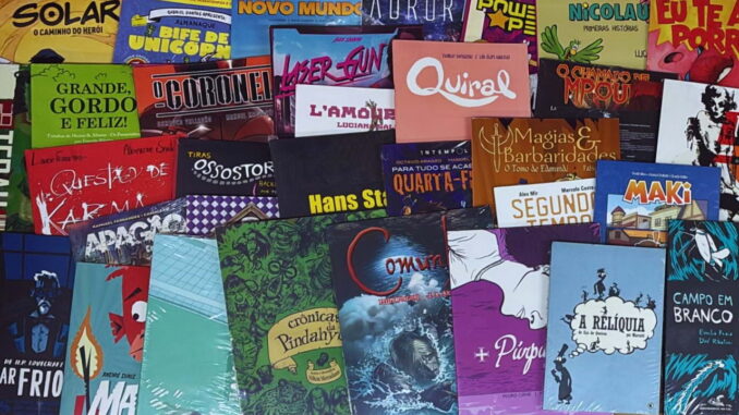 Capa com diversos títulos de HQs brasileiras reunidos na Quinzena do Quadrinho Nacional, destacando a produção de quadrinhos nacionais e autores do Brasil.
